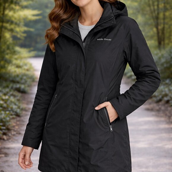 Eddie Bauer Black Weatherproof Down Jacket Hooded Lightweight Coat